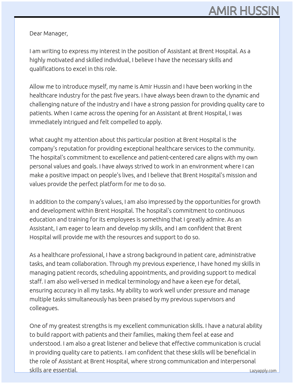 assistant At brent hospital Cover Letter