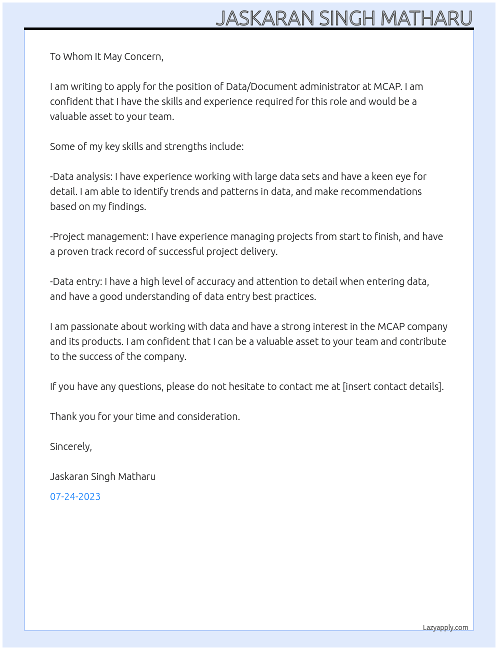 Data/ Document administrator At MCAP Cover Letter