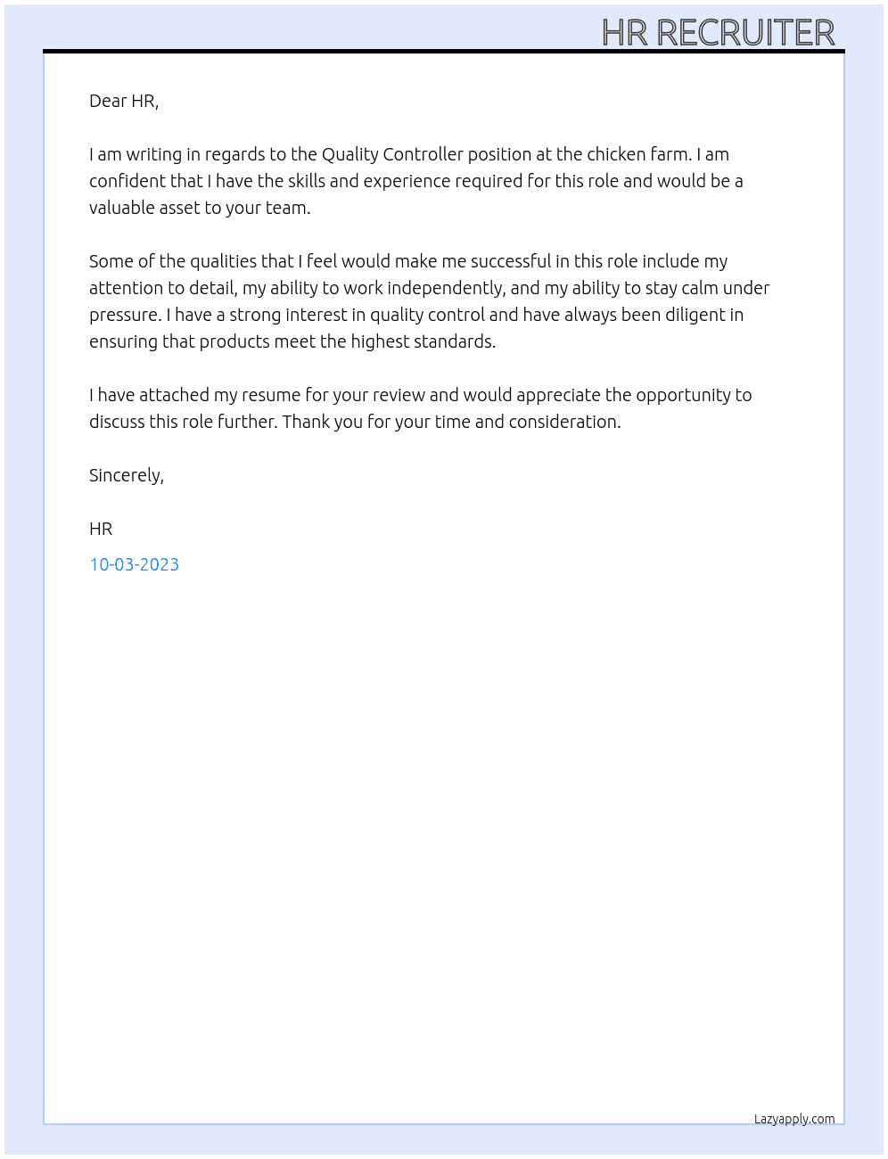 Quality Controller chicken farm At sov Cover Letter