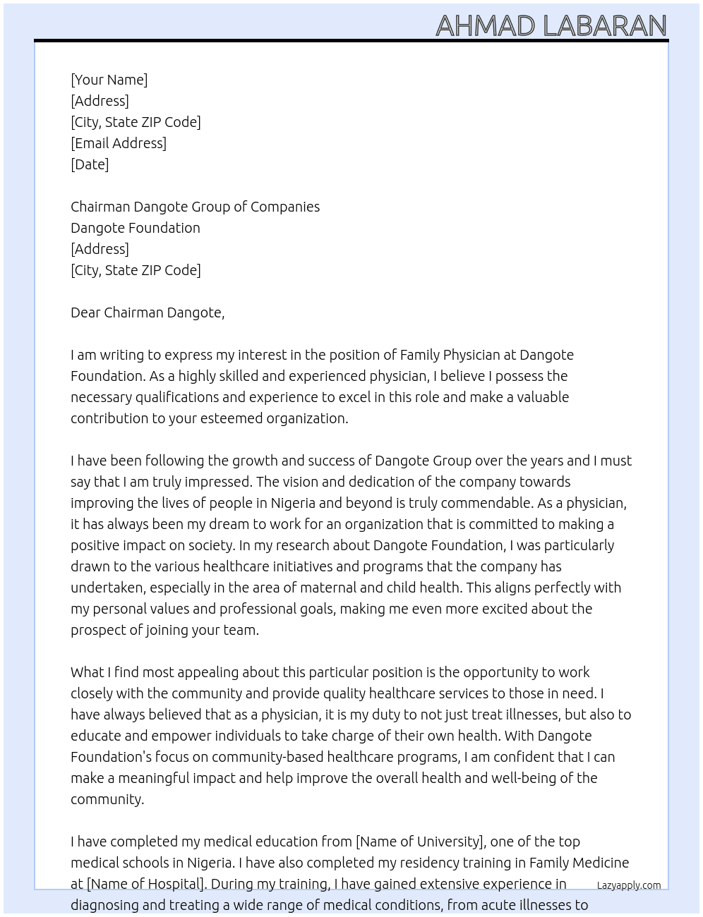 Family Physician At Dangote Foundation Cover Letter