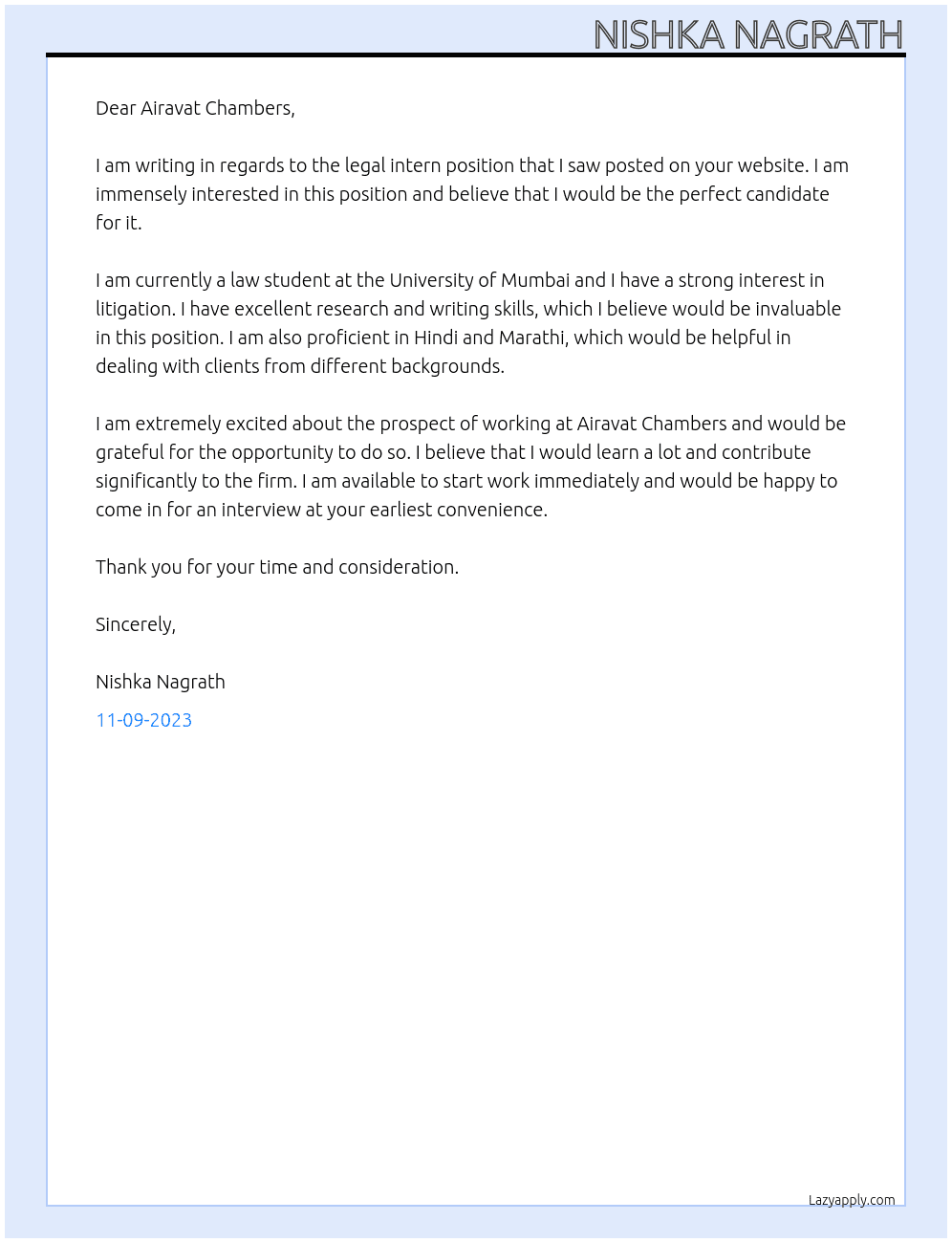 Legal intern At Airavat Chambers Cover Letter