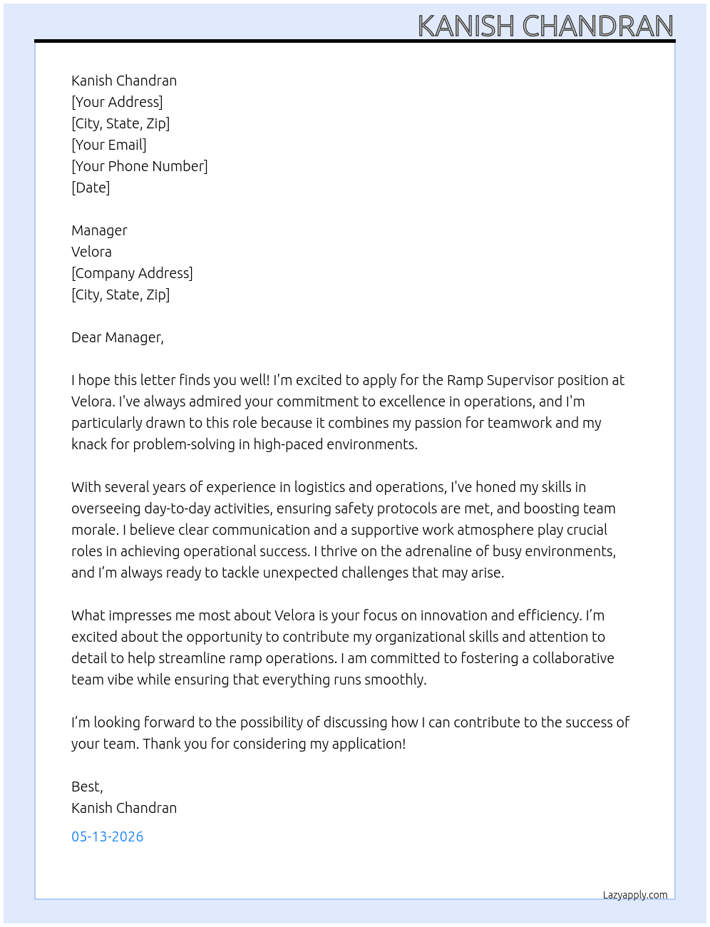 Ramp supervisor  At Velora  Cover Letter
