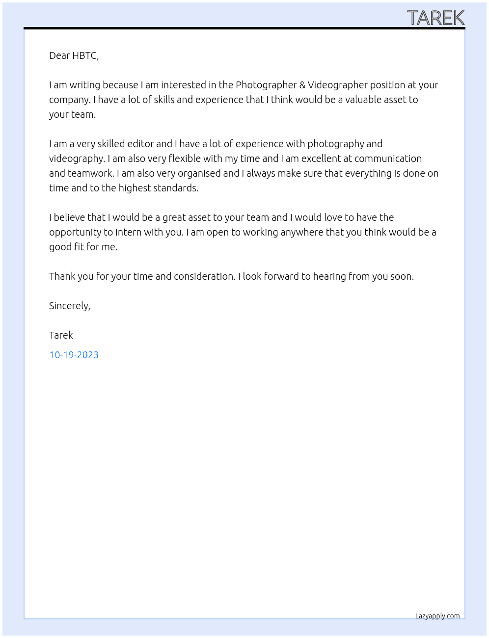 Photographer & Videographer At HBTC Cover Letter