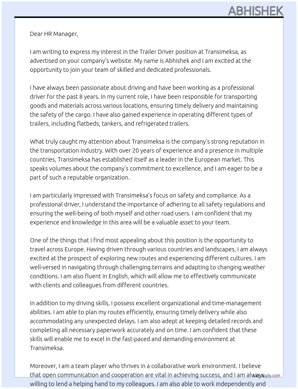 Trailer Driver At Transimeksa Cover Letter