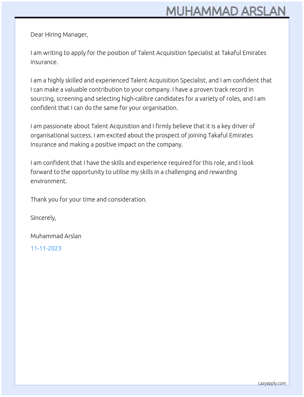 Talent Acquisition Specialist  At Takaful Emirates Insurance  Cover Letter