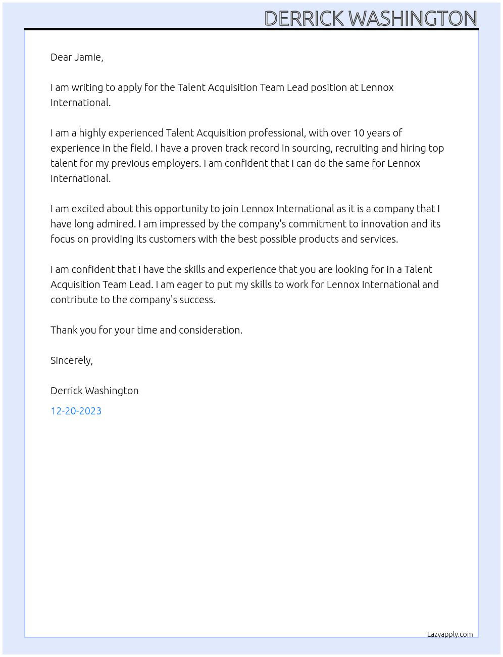 Talent Acquisition Team Lead At Lennox International Cover Letter