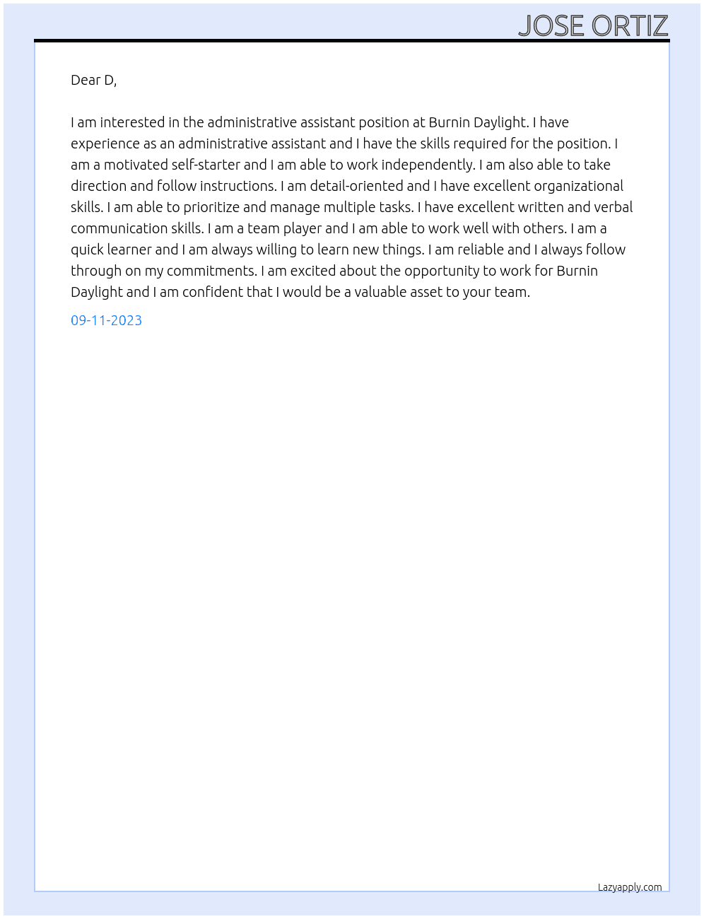 Administrative assistant  At Burnin Daylight Cover Letter