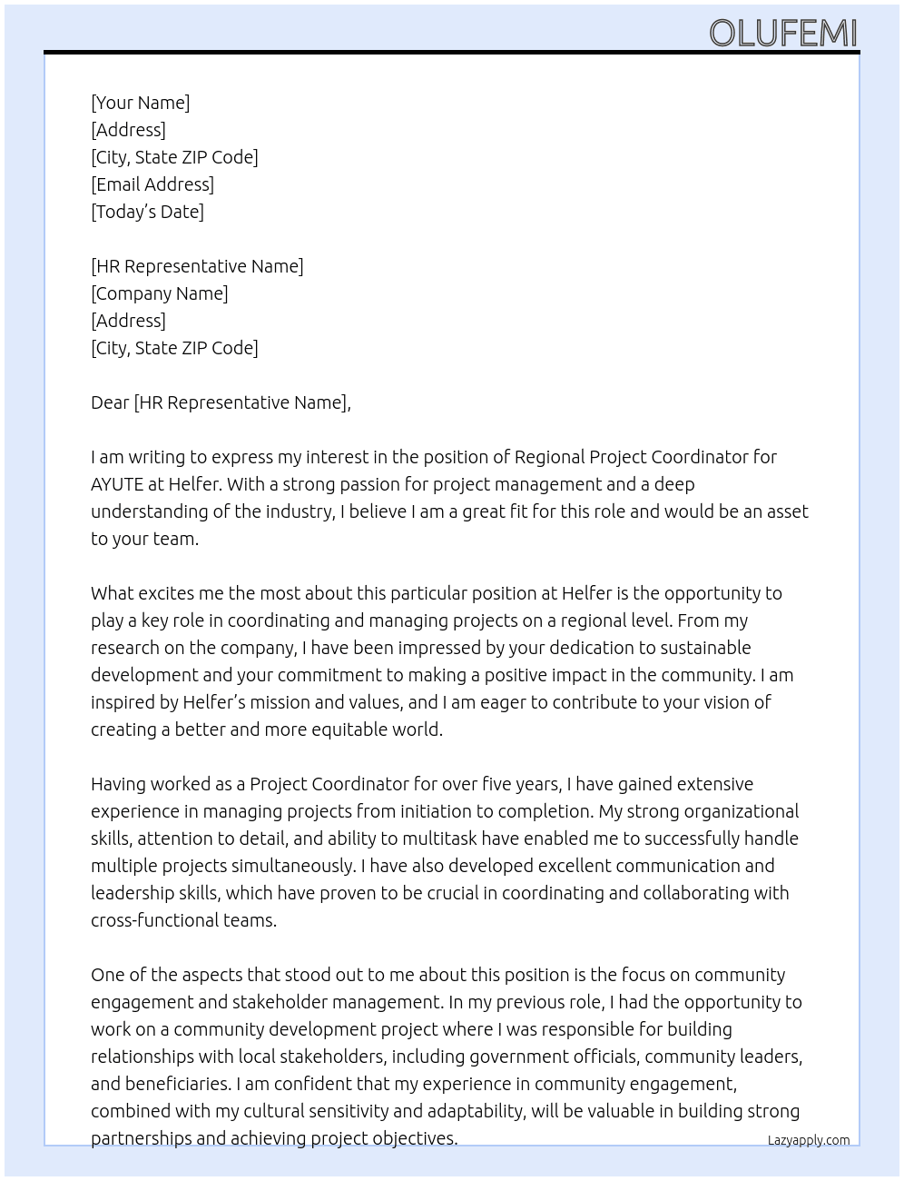 Regional Project Coordinator - AYUTE At Helfer Cover Letter