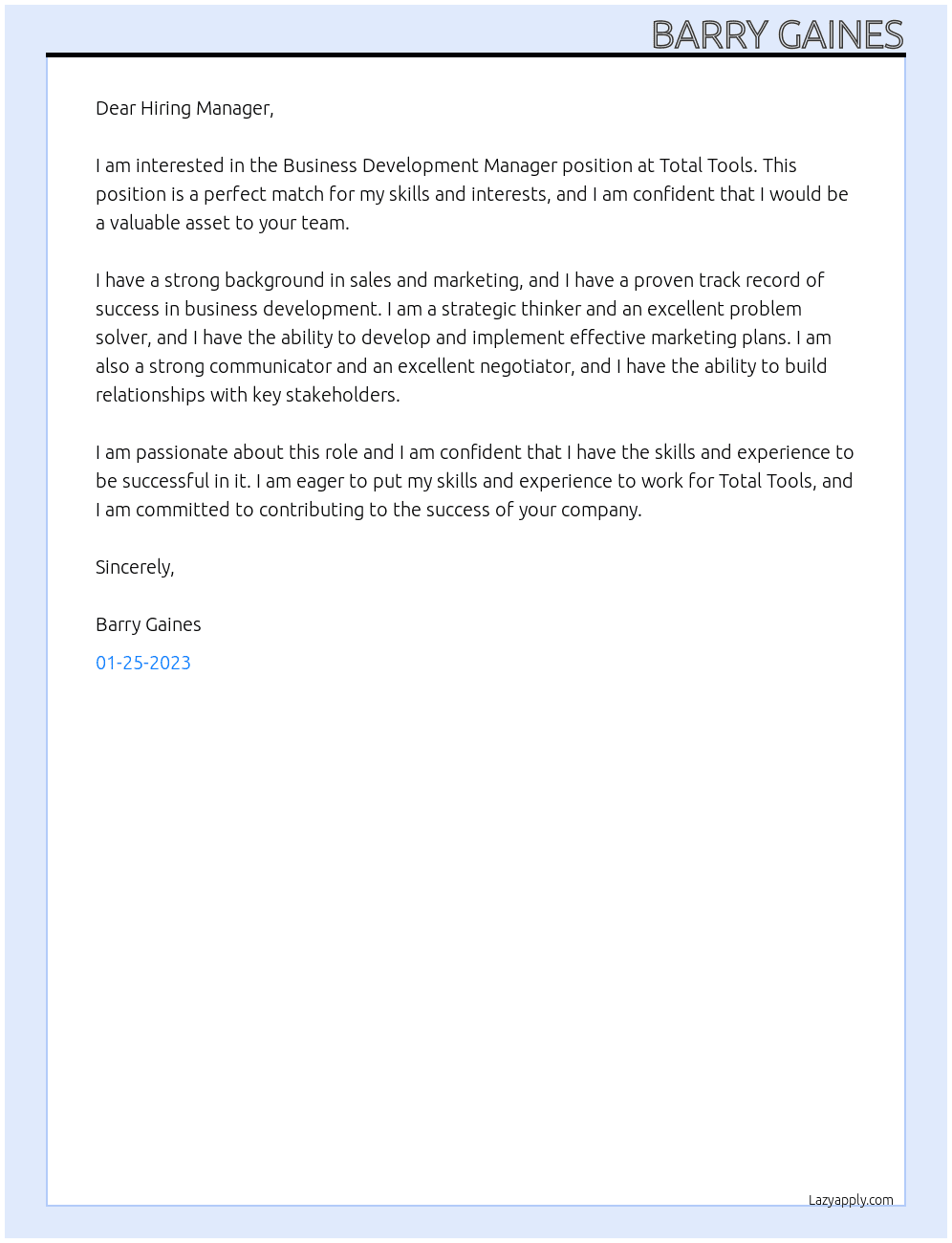 Business Development Manager At Total Tools Cover Letter