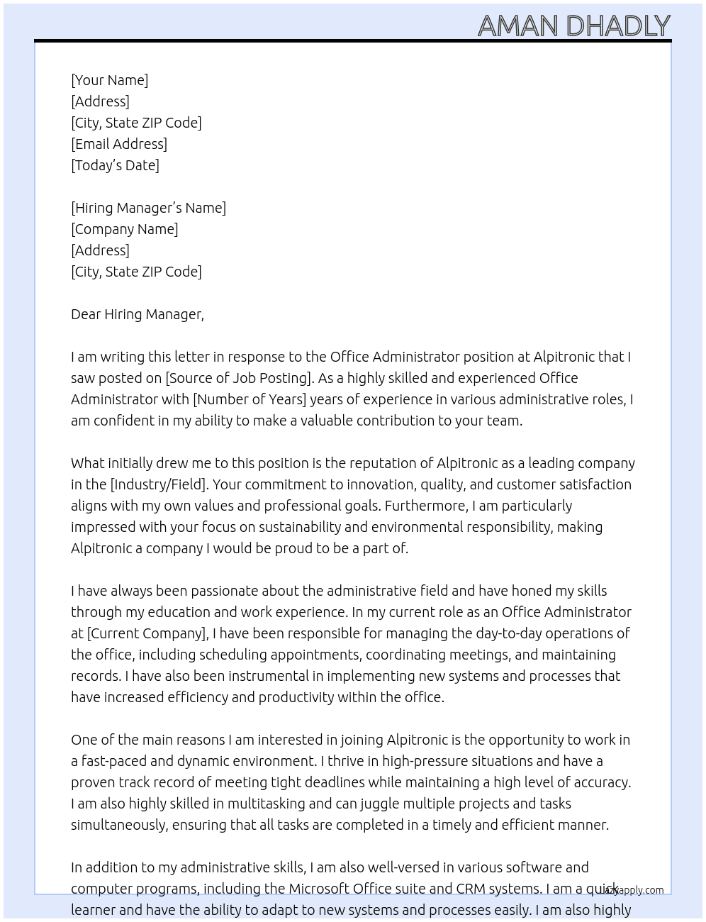 Office Administrator At Alpitronic Cover Letter