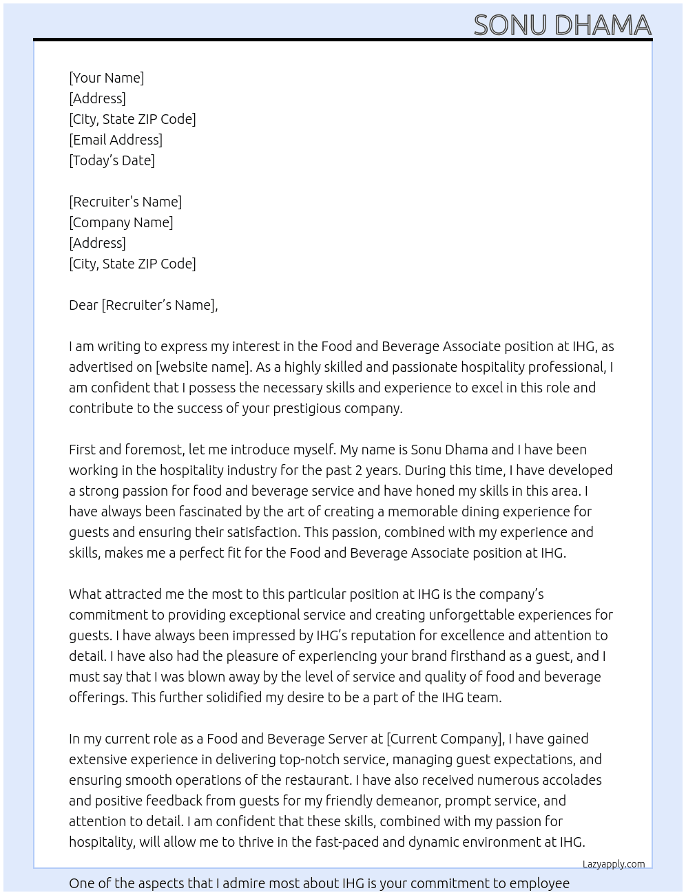 Food and beverage associate  At IHG Cover Letter