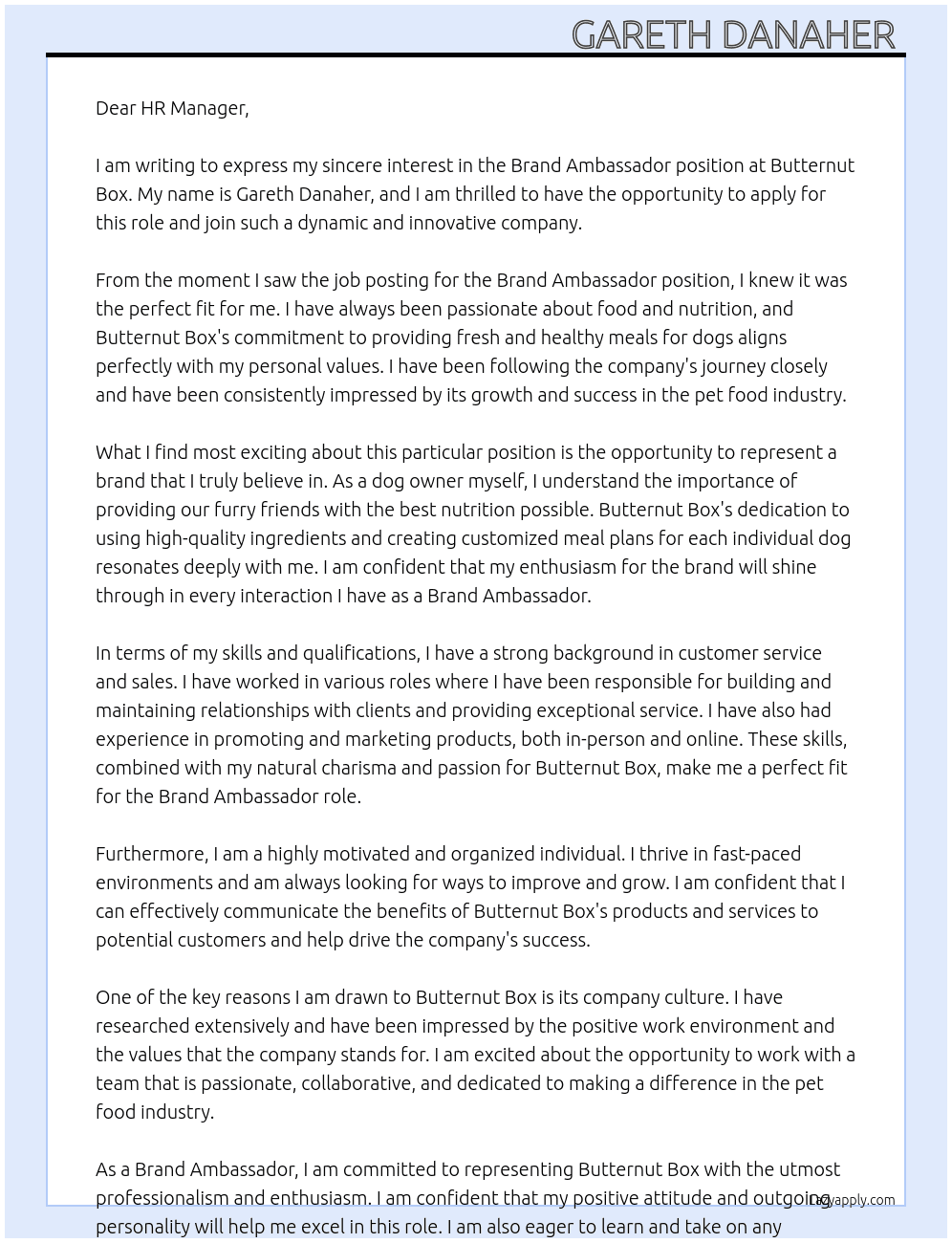 Brand Ambassador  At Butternut Box Cover Letter