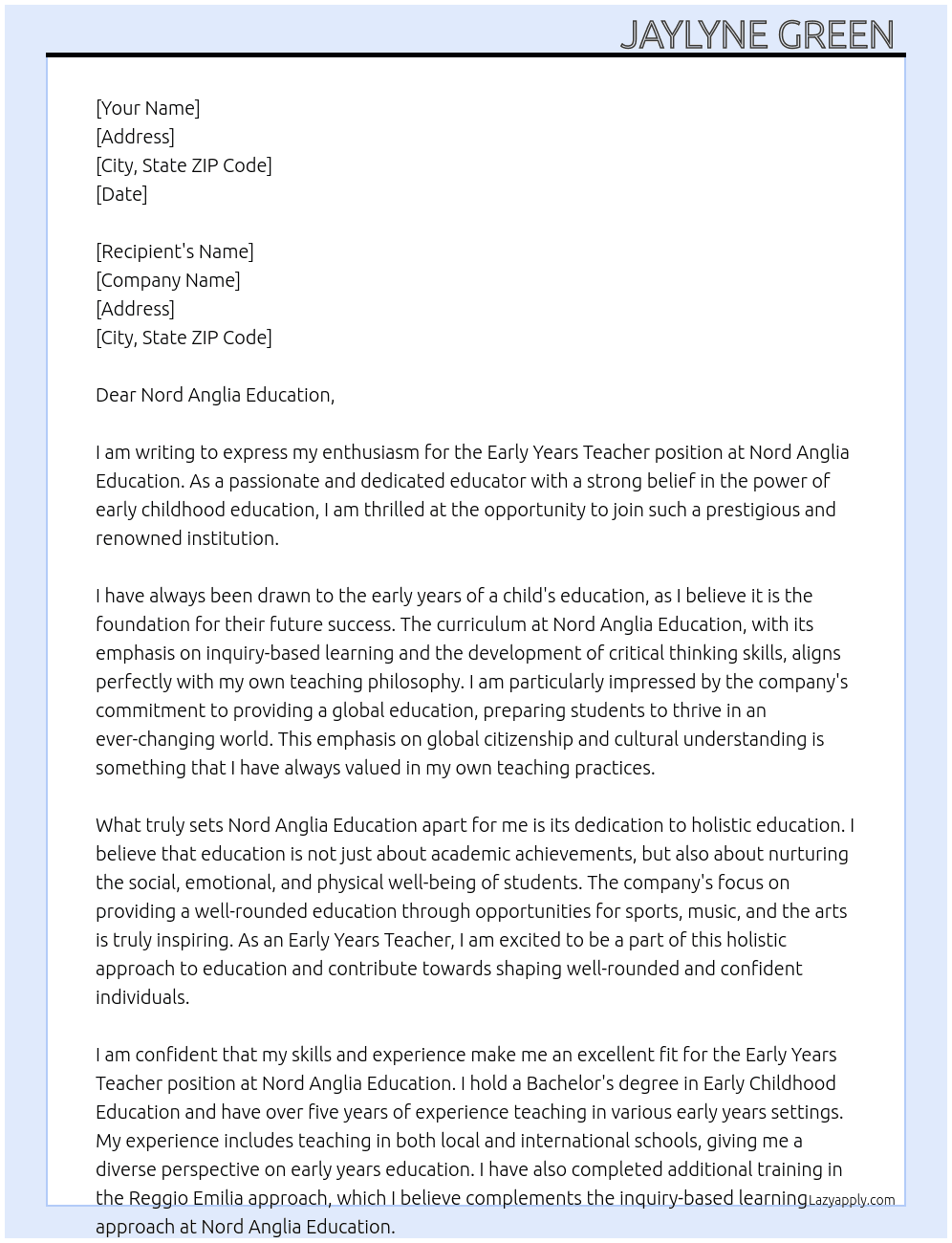 Early Years Teacher  At Nord Anglia Education Cover Letter