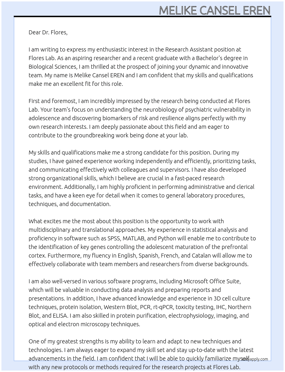 Research Assistant  At Flores Lab Cover Letter
