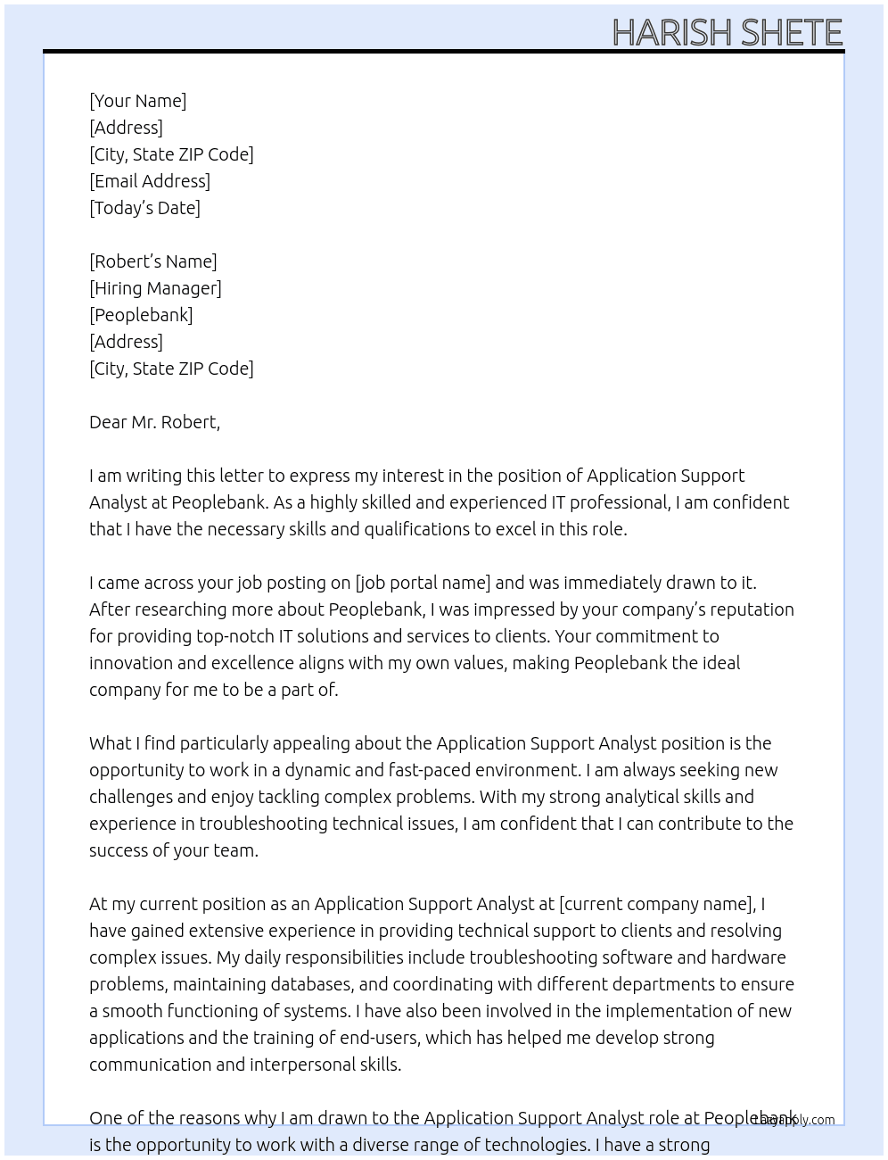 Application Support Analyst At peoplebank Cover Letter