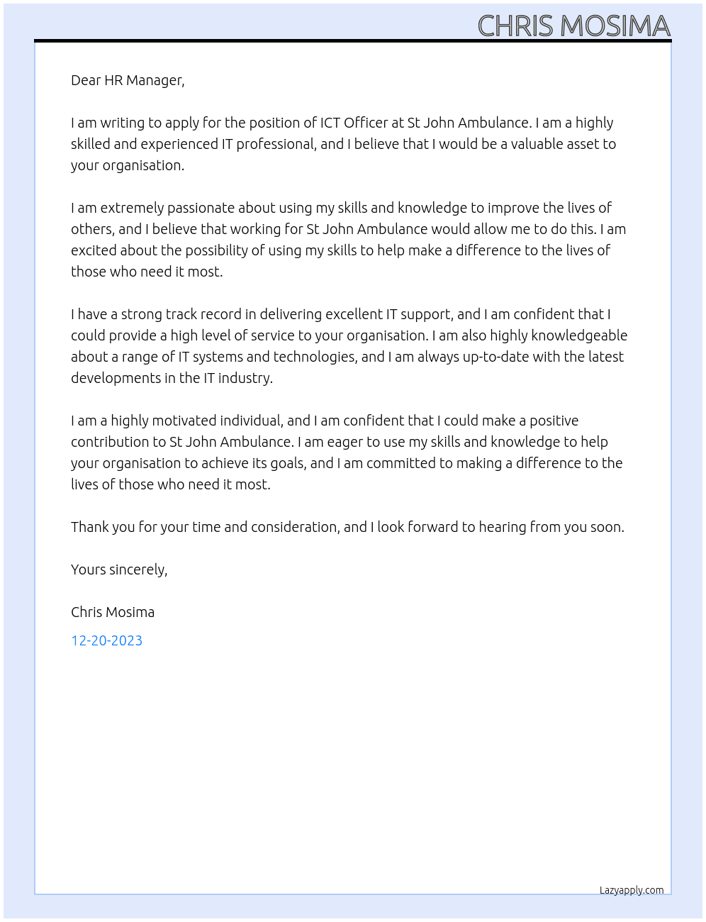 ICT OFFICER  At ST JOHN AMBULANCE  Cover Letter