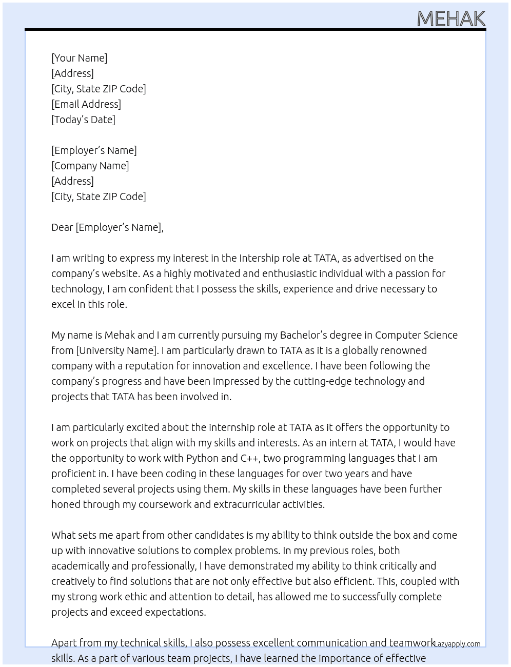 Intership  At TATA  Cover Letter