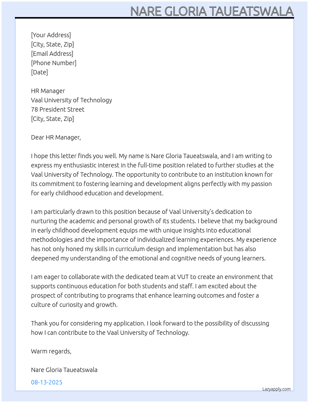 further studies At vaal university of technology Cover Letter