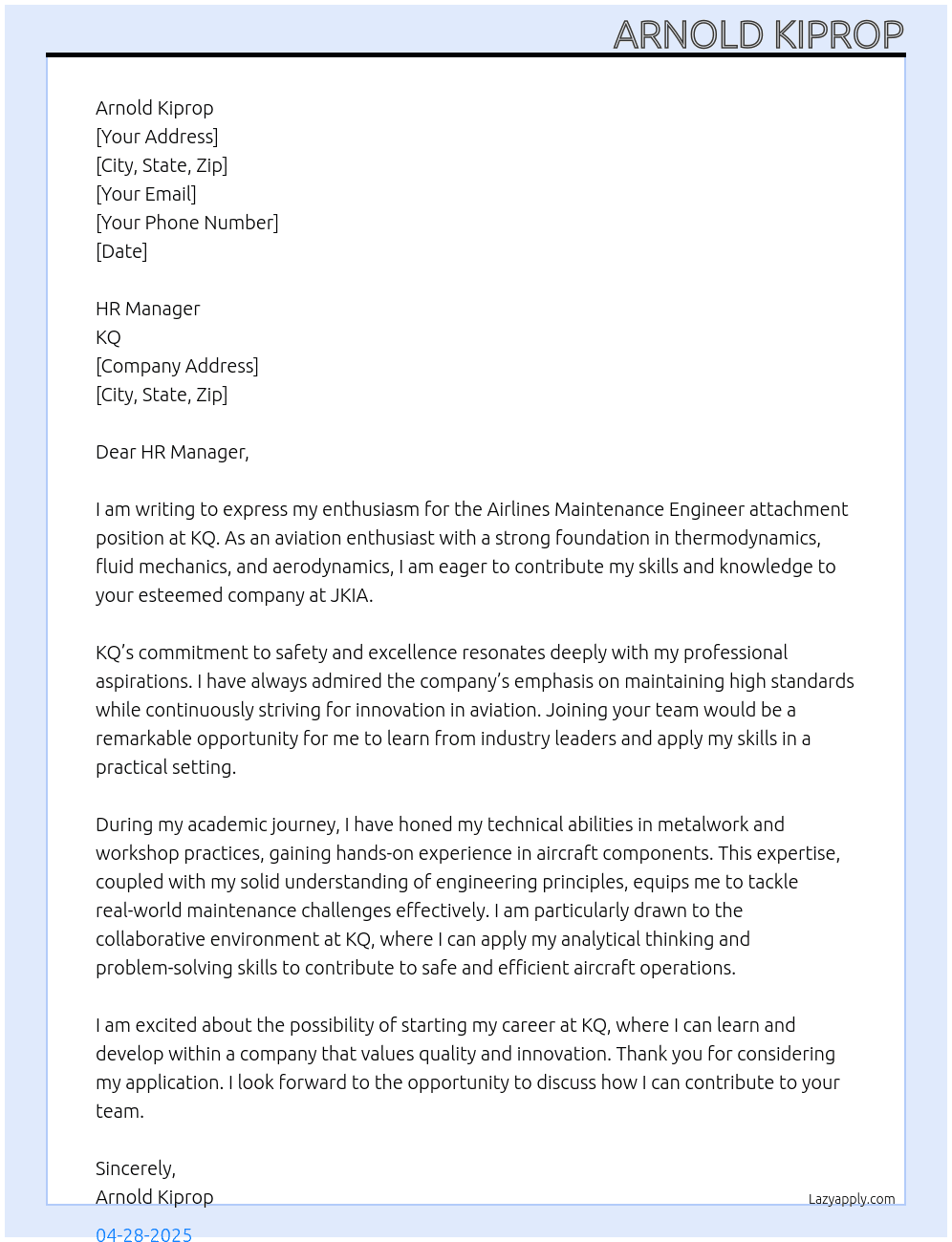 Airlines maintanance engineer At KQ Cover Letter