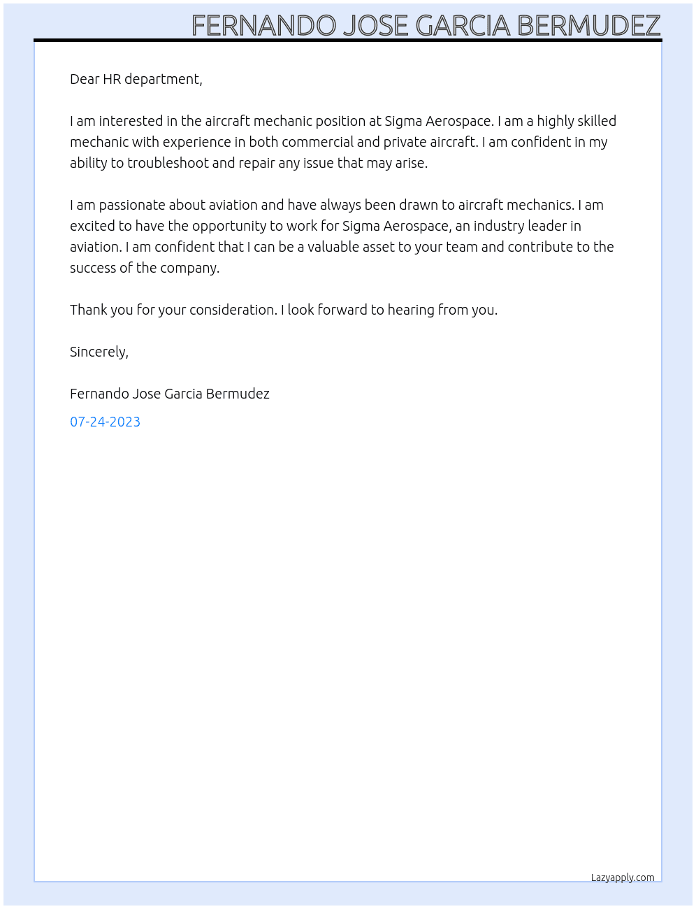 Aircraft mechanic At Sigma Aerospace Cover Letter