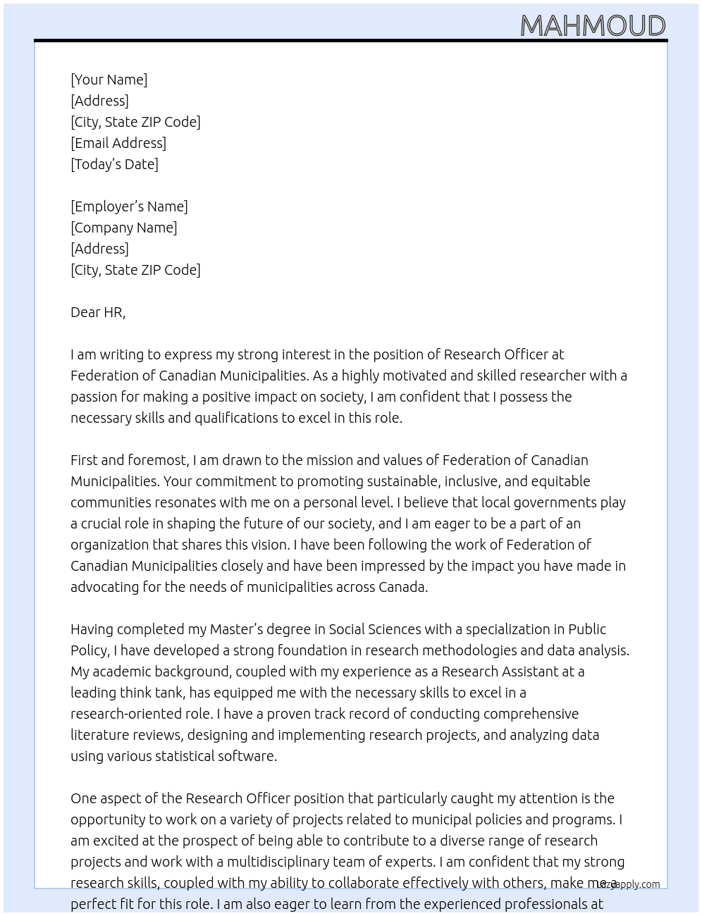 Research officer At Federation of Canadian Municipalities Cover Letter