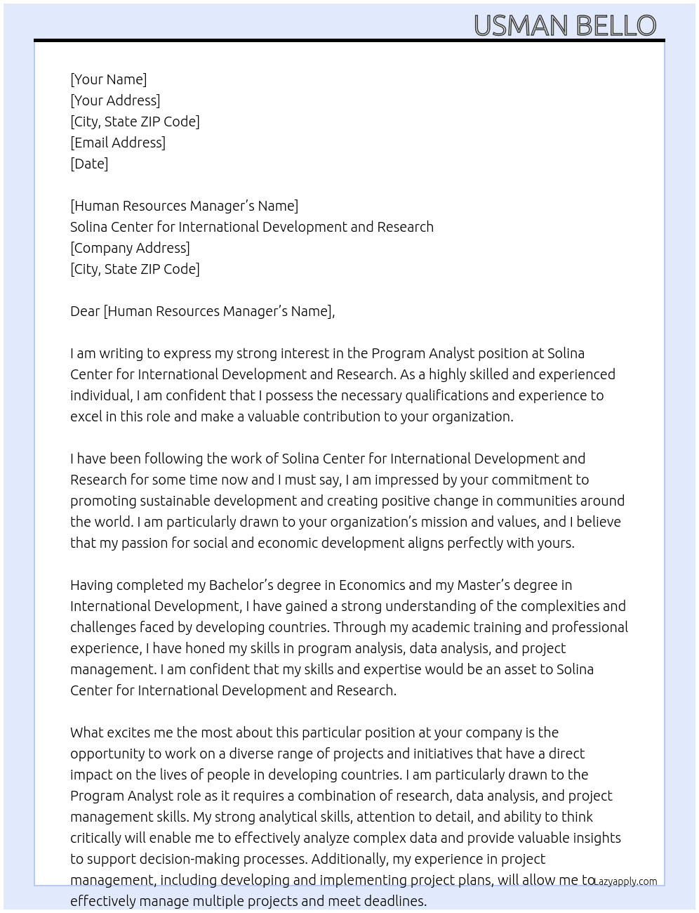 Program Analyst  At Solina Center for international Development and Research  Cover Letter