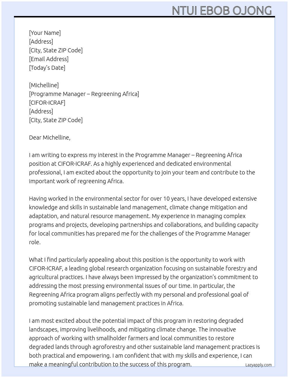 Programme Manager – Regreening Africa  At CIFOR-ICRAF Cover Letter