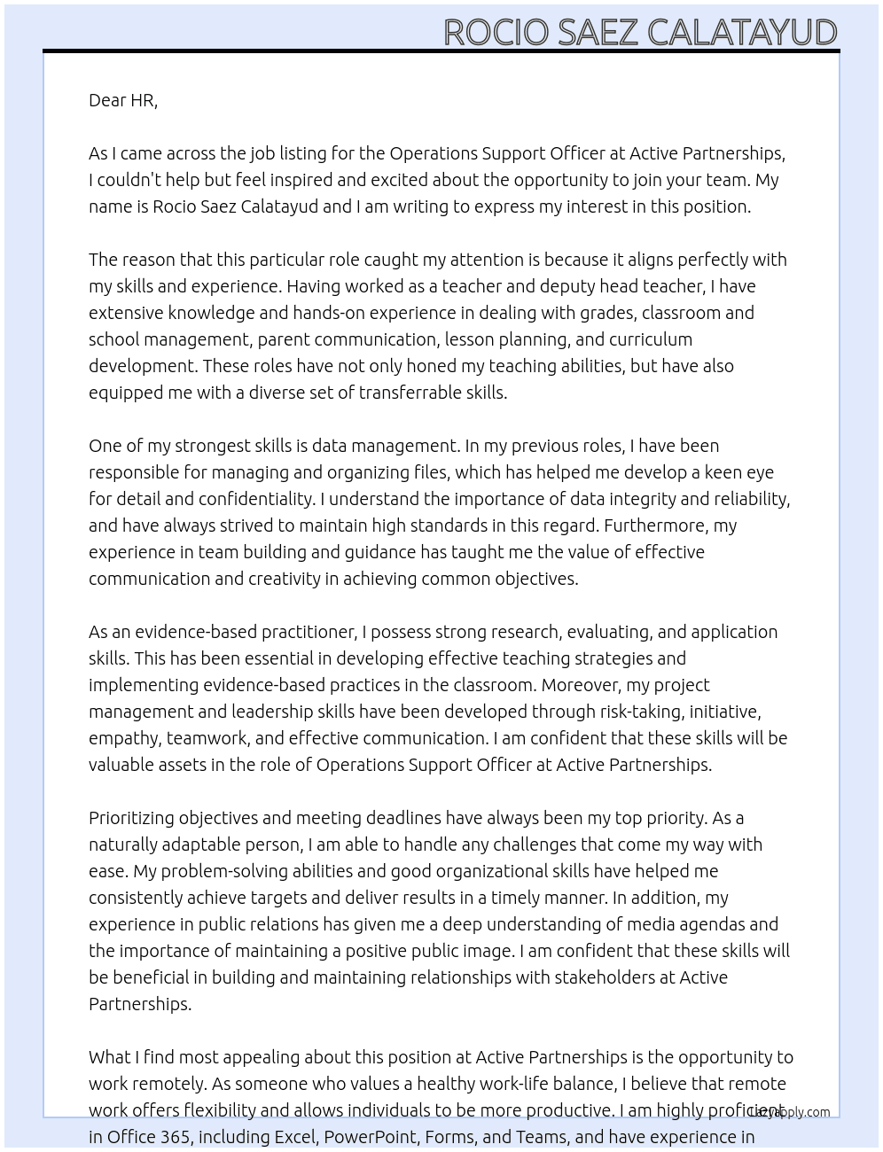Operations Support Officer At Active Partnerships Cover Letter