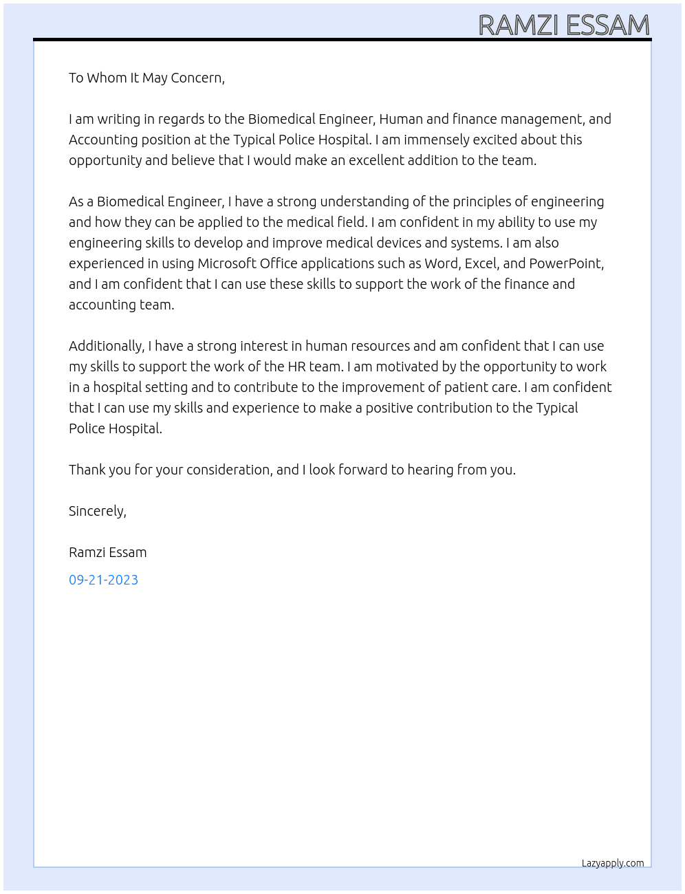 Biomedical Engineer,Human and finance management,Accounting At Typical Police Hospital  Cover Letter