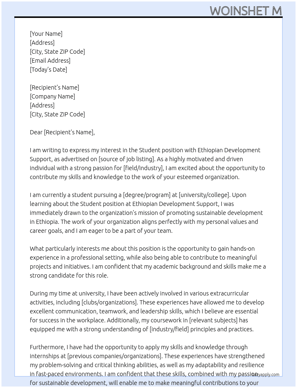 student At Ethiopian development support Cover Letter