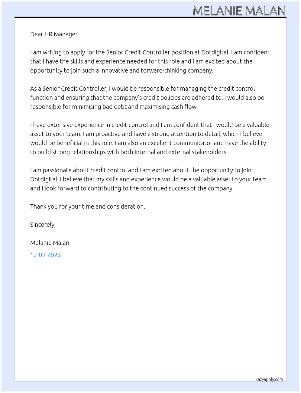 Senior Credit Controller At Dotdigital Cover Letter