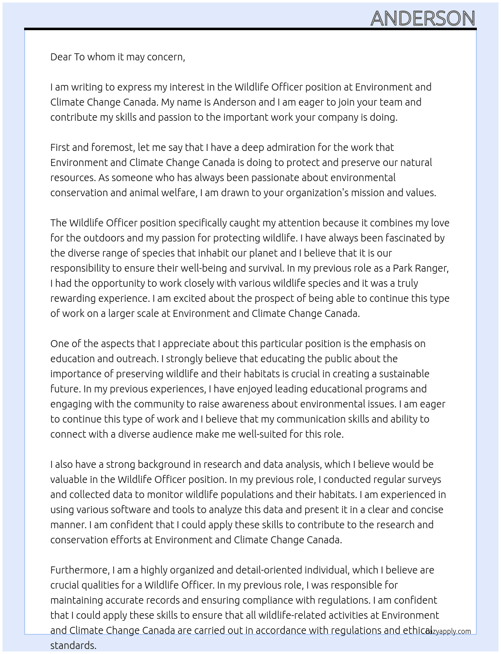 Wildlife Officer At Environment and Climate Change Canada Cover Letter