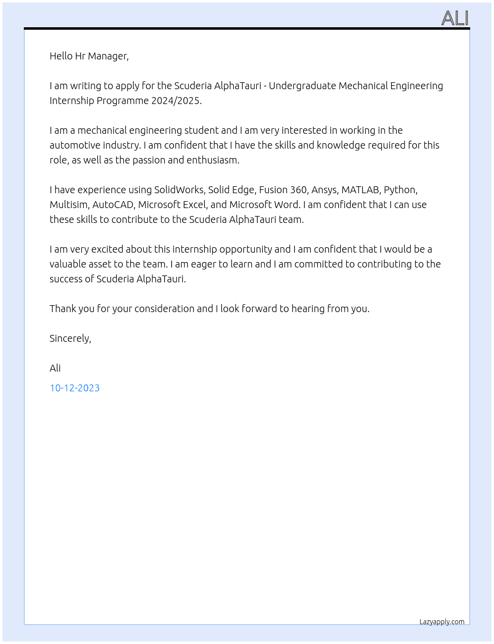 Scuderia AlphaTauri - Undergraduate Mechanical Engineering Internship Programme 2024/2025 At scuderia alpha tauri Cover Letter