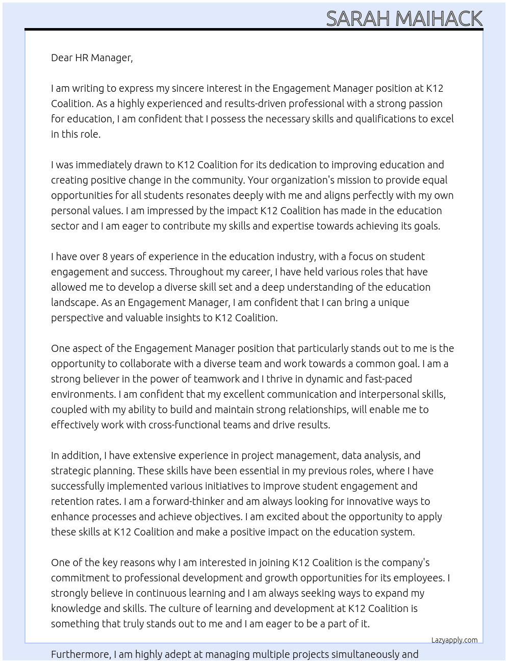 Engagement Manager At K12 Coalition Cover Letter