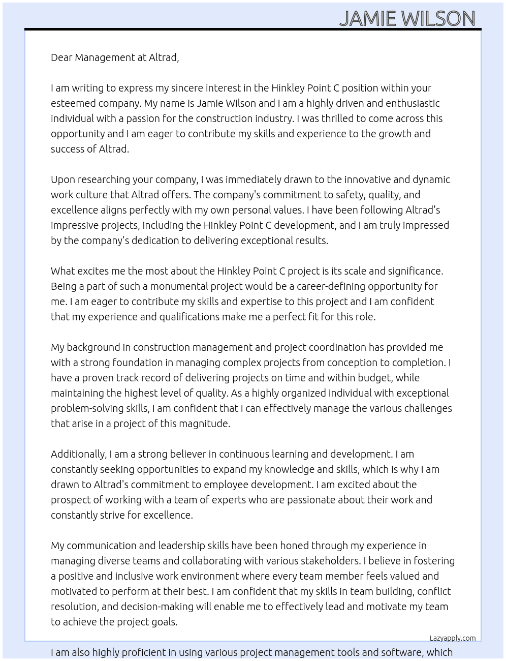 Hinkley point c  At Altrad Cover Letter