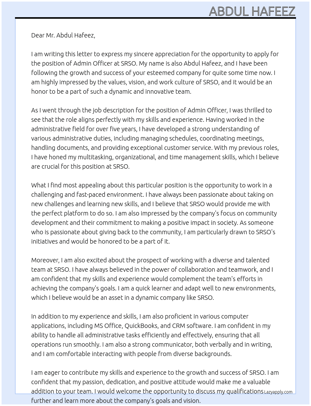 ADmin Officer At SRSO Cover Letter
