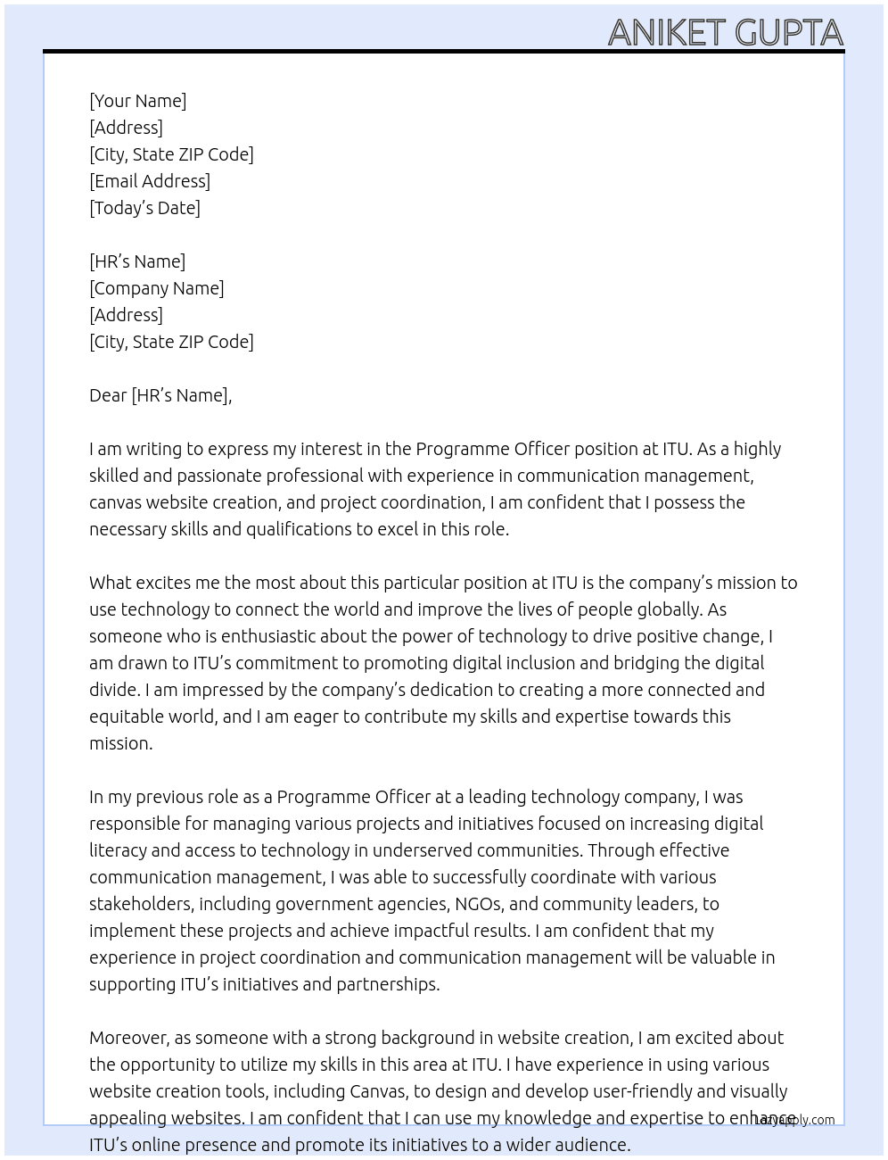 Programme Officer  At ITU Cover Letter
