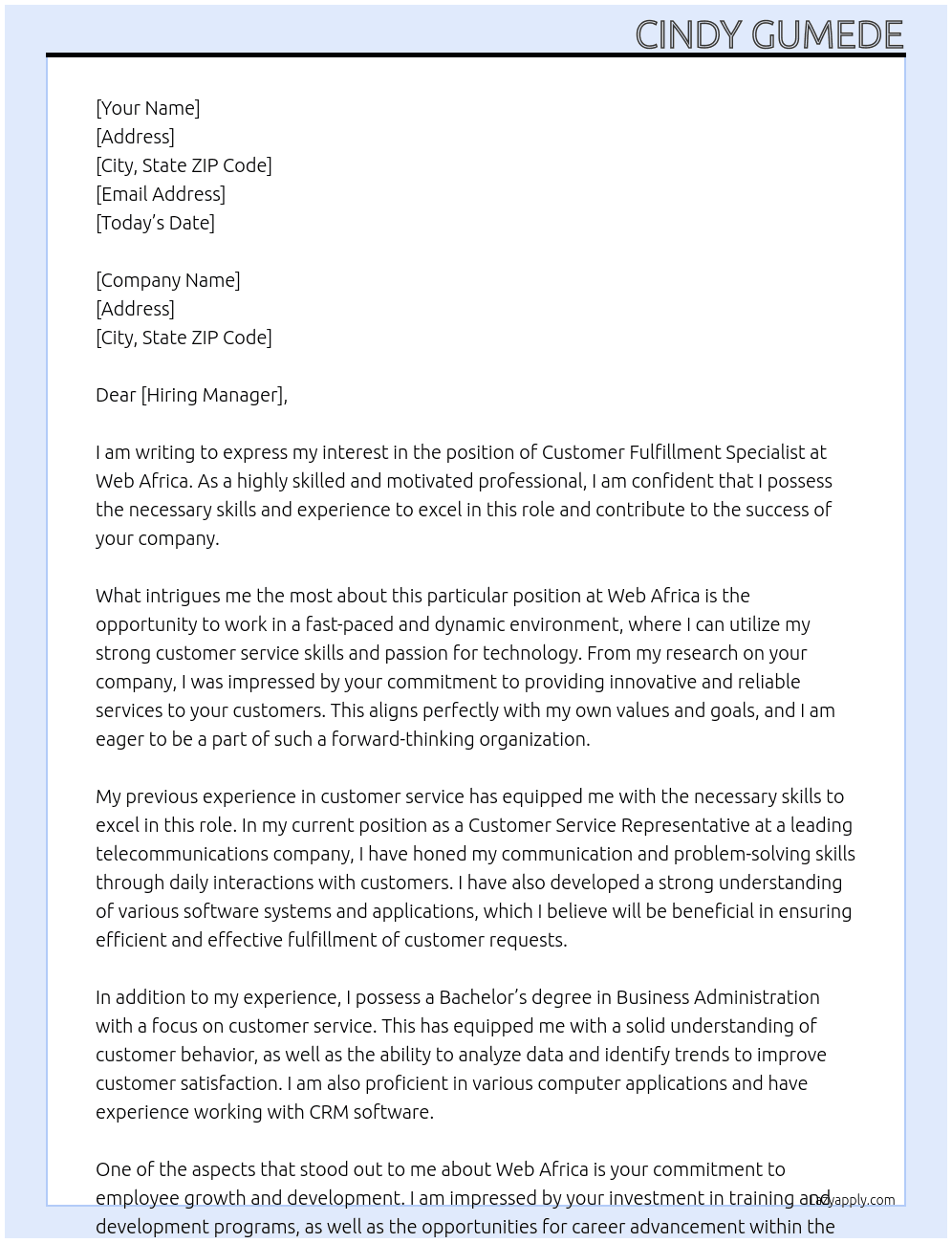 Customer fulfilment specialist  At Web africa Cover Letter