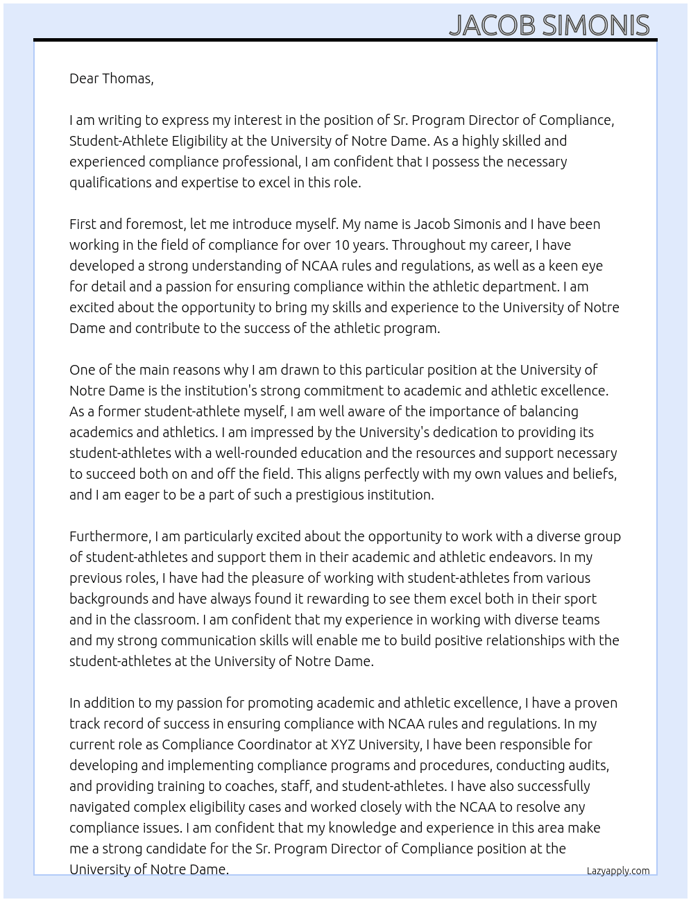 Sr. Program Director of Compliance, Student-Athlete Eligibility At University of Notre Dame  Cover Letter