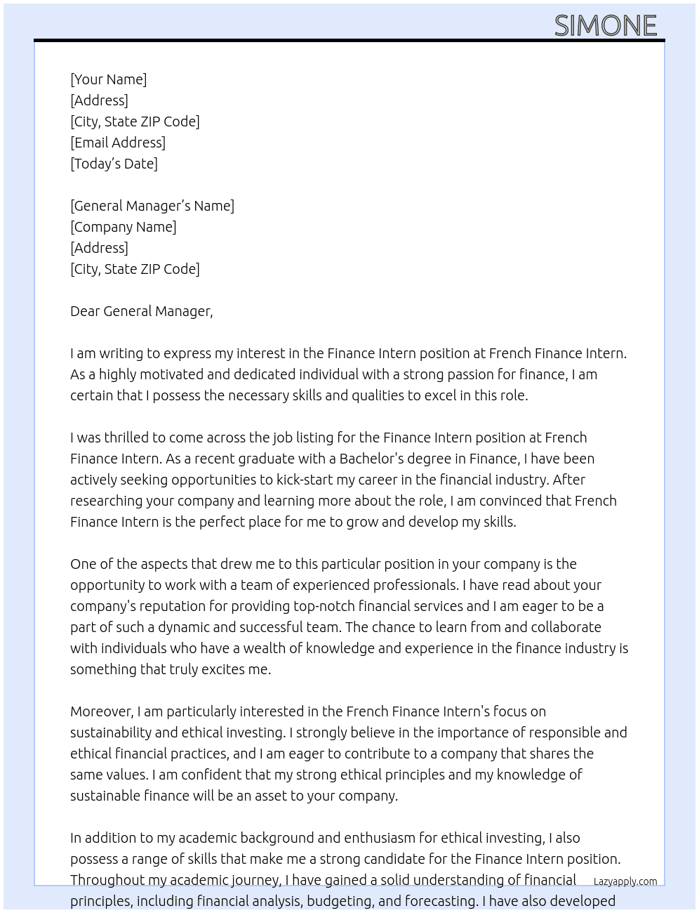 Finance intern At French finance intern Cover Letter