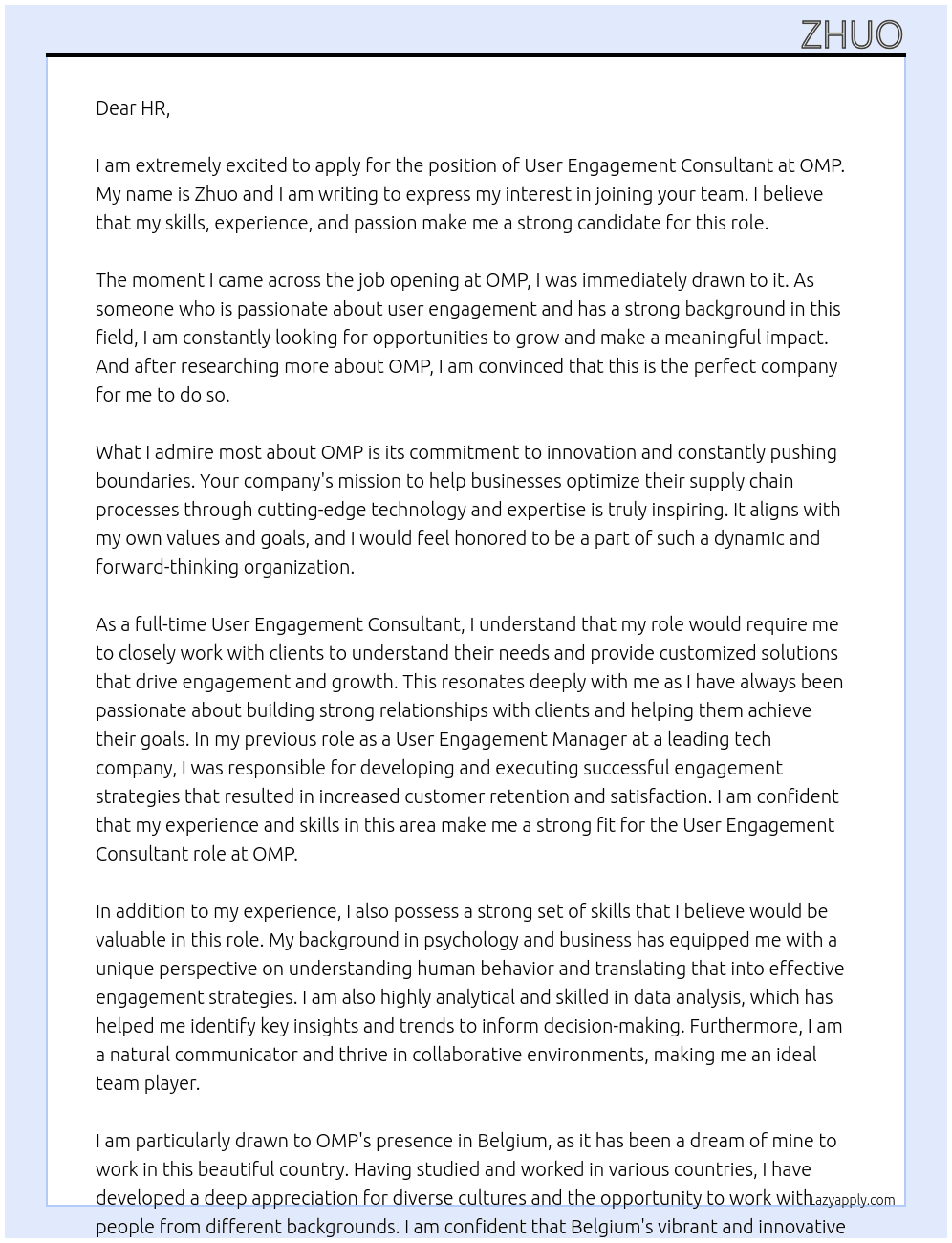 User Engagement Consultant At OMP Cover Letter