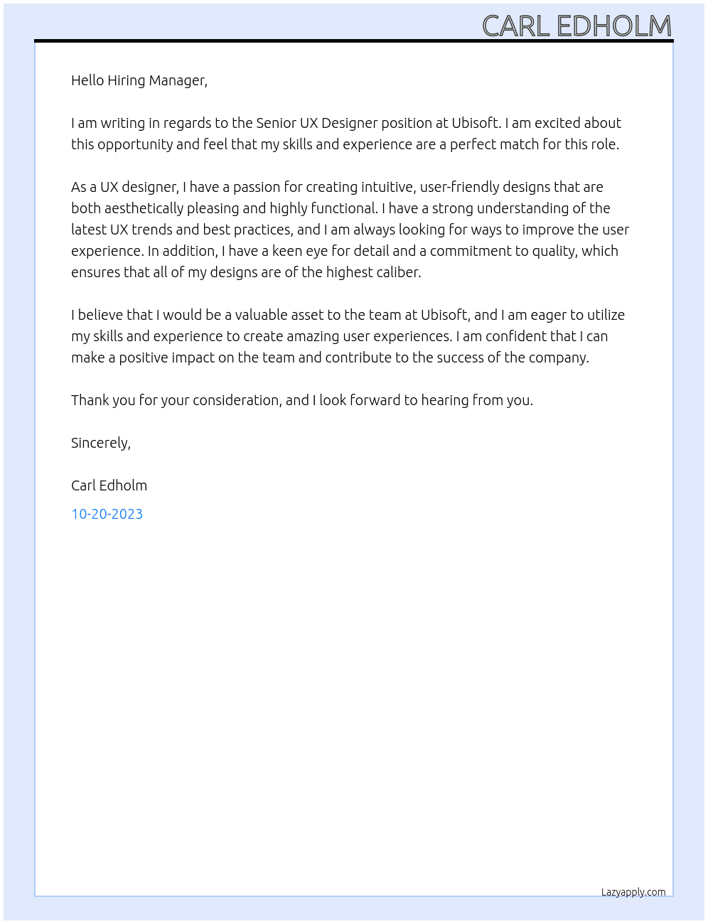 Senior UX Designer At Ubisoftt Cover Letter