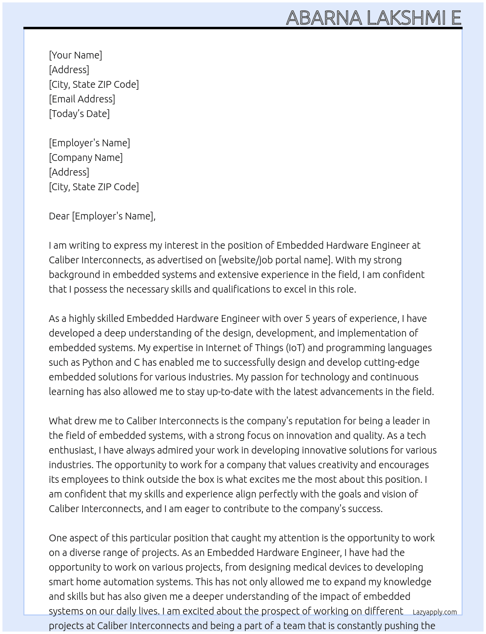 Embedded Hardware Engineer At Caliber Interconnects Cover Letter