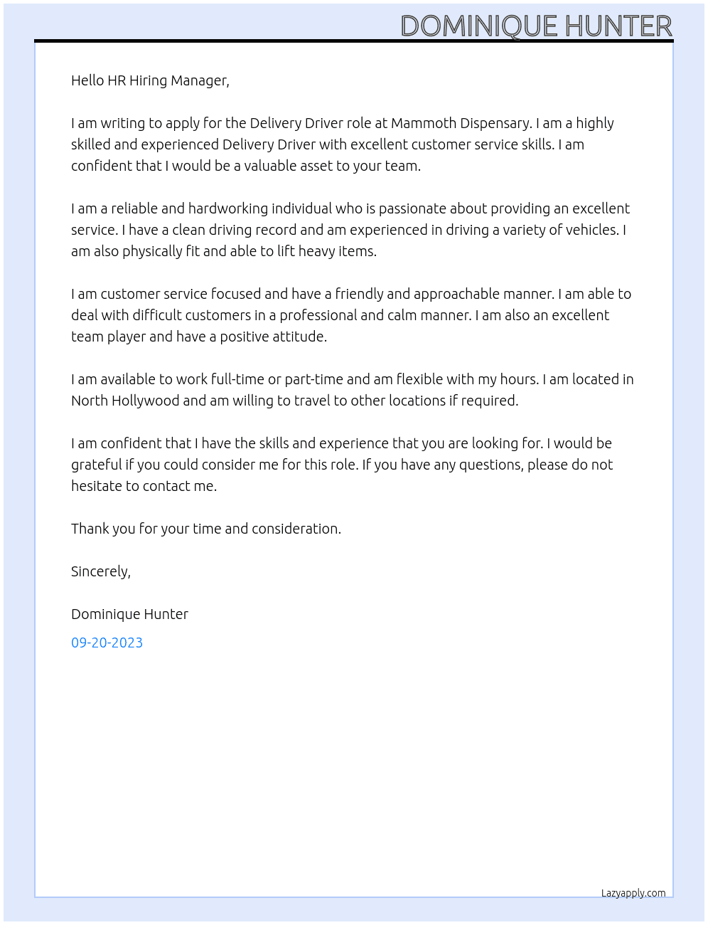Delivery service  At Mammoth dispensary  Cover Letter