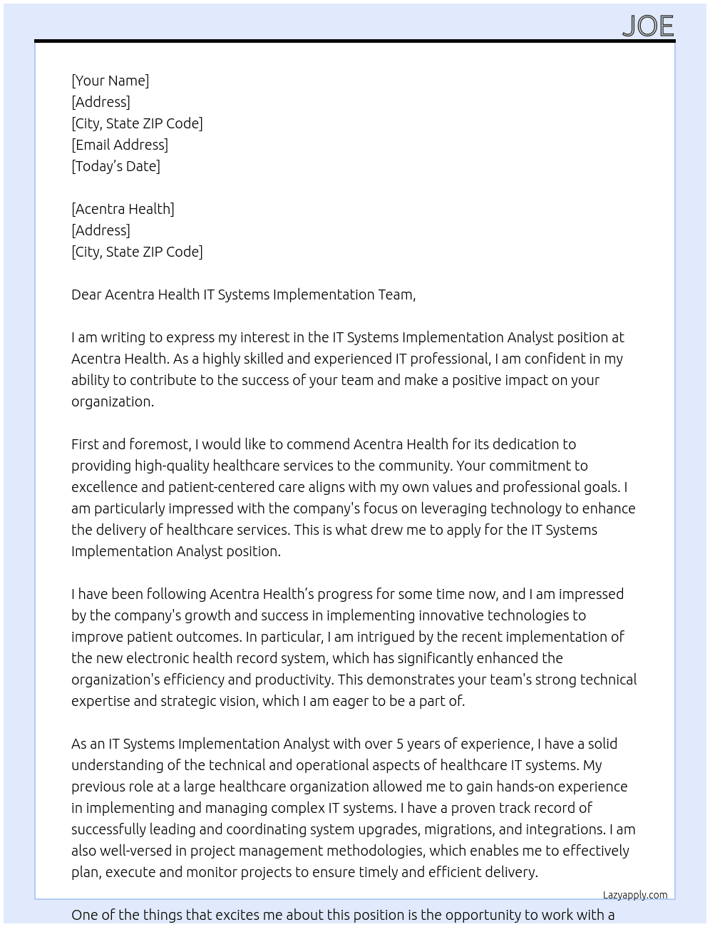 IT Systems Implementation Analyst At Acentra Health Cover Letter