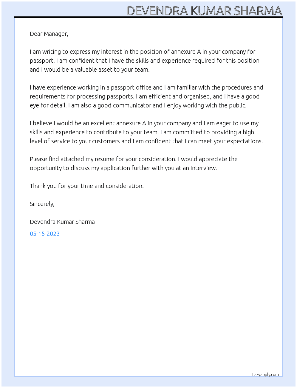 Want annexure A from company for passport  At Passport  Cover Letter