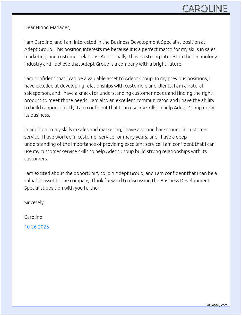 Business Development Specialist At Adept Group Cover Letter