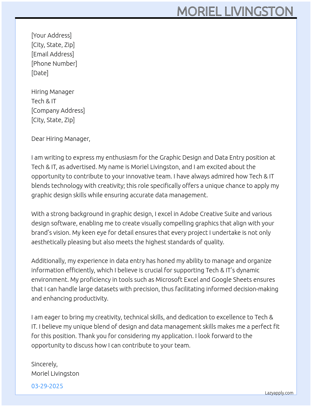 Graphic design and Data Entry  At Tech & IT Cover Letter