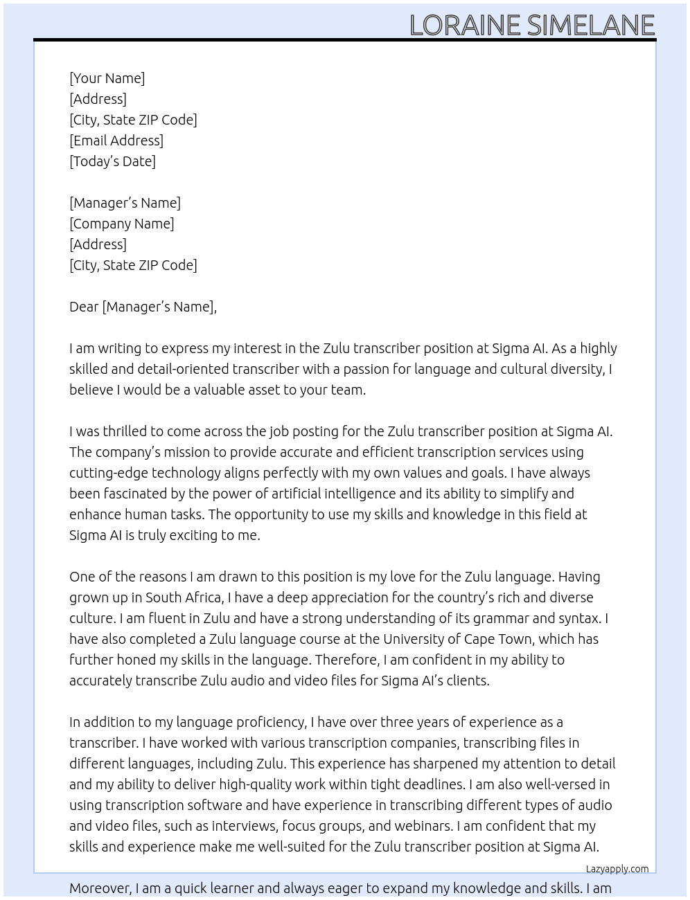 Zulu transcriber At Sigma AI  Cover Letter