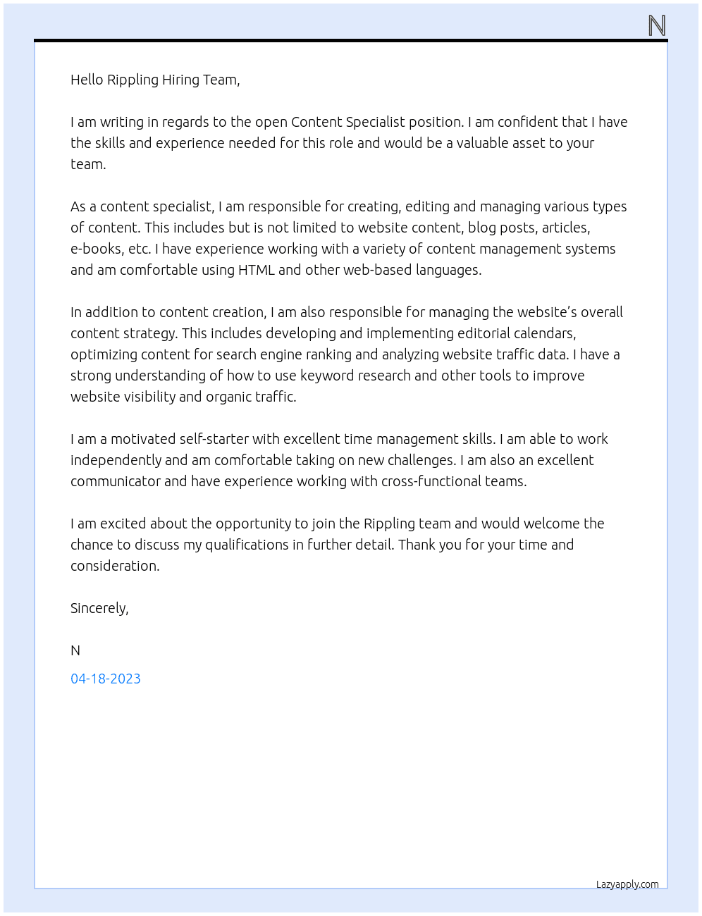 Content Specialist At Rippling Cover Letter